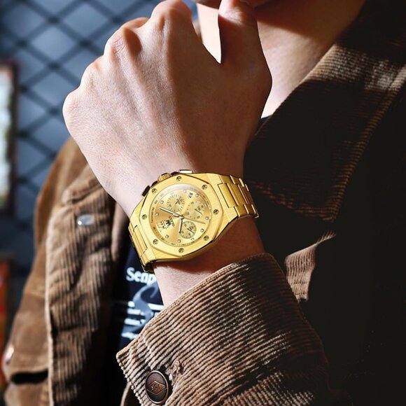 Olevs Men's Gold Stainless Steel Analog Luminous Waterproof Easy Wear Watch - Picture 3 of 5